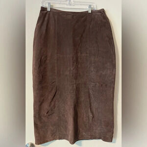 Chocolate Brown Suede 100% Leather Maxi Skirt Zipper Hook Eye Closure Si…